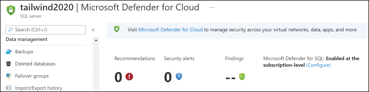 This screenshot shows the area where you can configure Microsoft Defender for SQL.