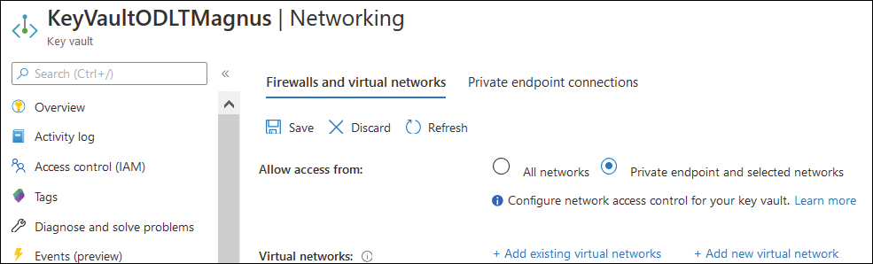 This screenshot shows the Key VaultNetworking page. The Allow Access From option is set to Private Endpoints And Selected Networks.