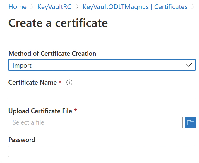 This screenshot shows the Create A Certificate page where you can choose Import from the Method Of Certificate Creation drop-down menu.
