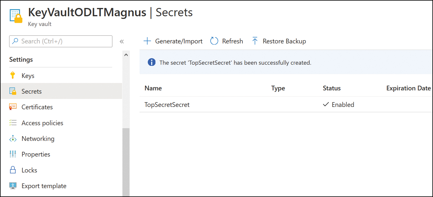 This screenshot shows the Secrets page of Azure Key Vault. A secret named TopSecretSecret is listed in this container.