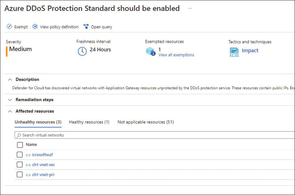 This is a diagram that shows Microsoft Defender for Cloud recommendation to enable Azure DDoS Standard.