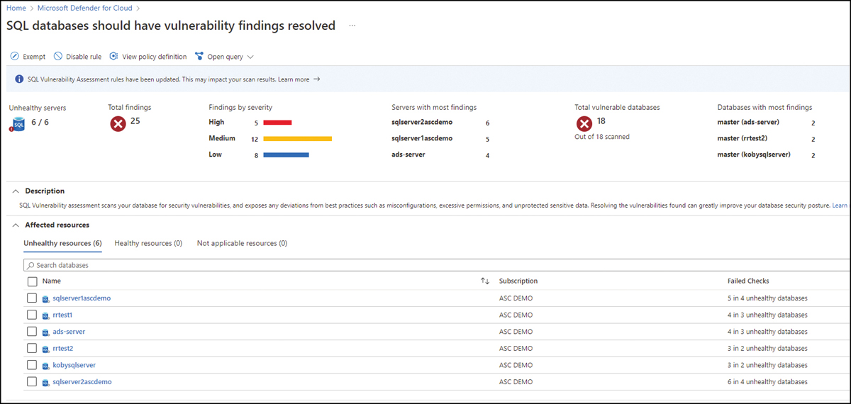 This is a screenshot of the SQL databases that should have vulnerability findings resolved, with a list of unhealthy resources. 