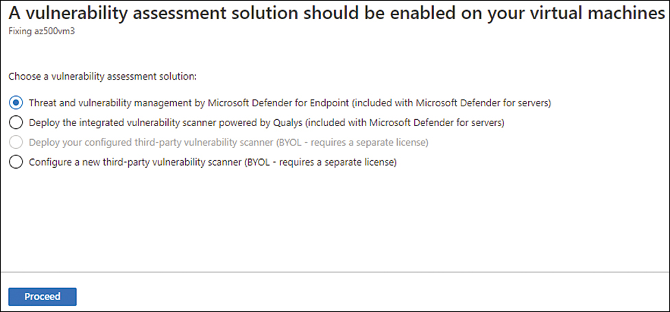 This is a screenshot of the deployment options available when remediating the A Vulnerability Assessment Solution Should Be Enabled On Your Virtual Machines recommendations in Defender for Cloud.