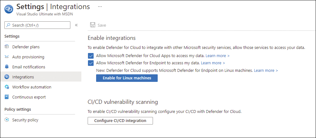 This is a screenshot of the Integrations settings in Defender for Cloud, showing the default integrations with MDE and Defender for Cloud Apps. 