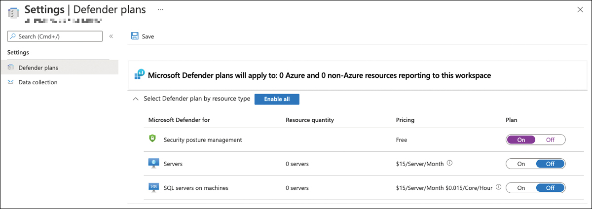 This is a screenshot showing the Defender Plans settings for the Log Analytics workspace named defenderforcloud. The Enhanced Security Off tile has been activated, so the SecurityCenterFree solution is being enabled on this workspace. The tile shows that Continuous Assessment And Security Recommendations and Secure Score have been enabled for resources that will connect to this workspace.