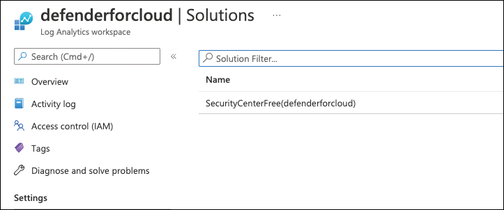 This is a screenshot showing the solutions overview of a Log Analytics workspace. This workspace with the name “defenderforcloud” has the SecurityCenterFree solution enabled.