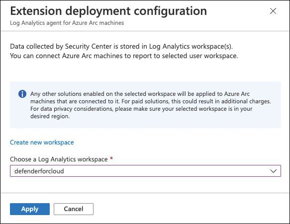 This is a screenshot showing the Extension Deployment Configuration blade for Azure arc-enabled servers. This blade offers a Create New Workspace and a dropdown menu to select the workspace all agents should be connected to.