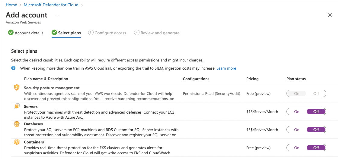 This is a screenshot showing the Select Plans view when creating an AWS connector in Defender for Cloud. The Security Posture Management plan is automatically set to On, while in this screenshot, plans for Servers, Databases and Containers are switched Off.