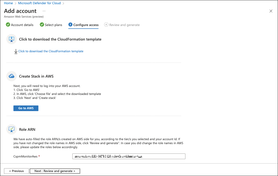 This is a screenshot showing the Configure Access tab when creating an AWS connector. There is a Click To Download The CloudFormation Template link that lets you download a template file. Underneath, you see the Go To AWS button, on which you can add the downloaded template and then create the stack. At the bottom, the Role ARN section shows the role ARN/s created on AWS.