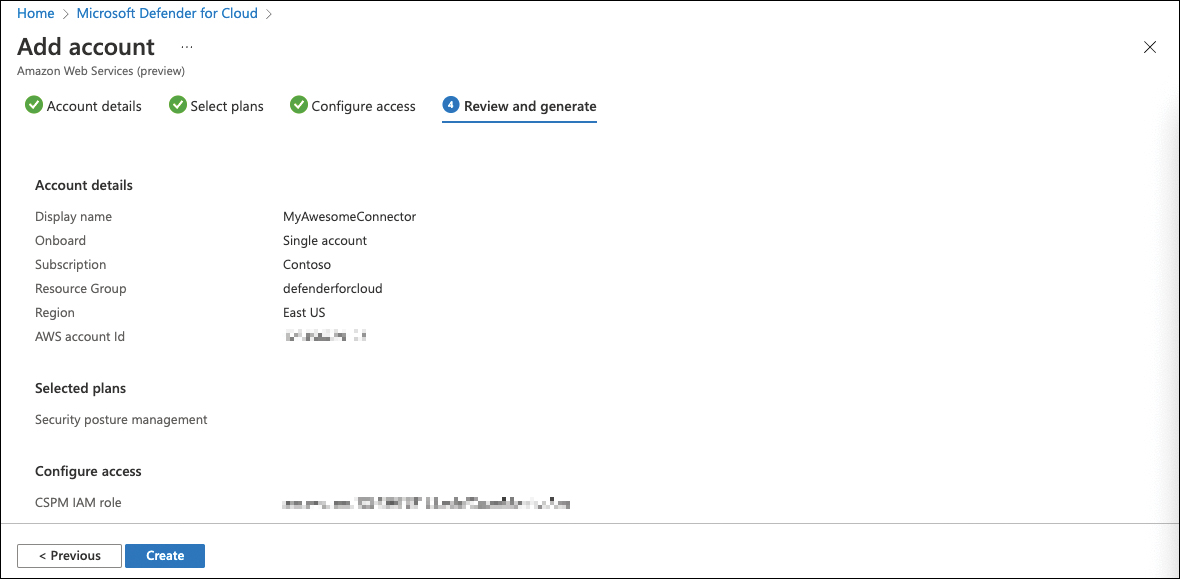 This is a screenshot showing the Review And Generate tab when creating an AWS connector. This view is a summary of the configuration you previously made. It includes the connector's displayname, MyAwesomeConnector, the Account Details (Single Account), the Subscription (Contoso), Resource Group (defenderforcloud), Region (East US), the AWS Account ID, Selected Plans (Security Posture Management), and the CSPM IAM Role.