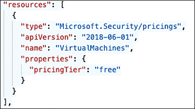 This is a screenshot of a code snippet showing a Microsoft.Security/pricings resource type with the apiVersion 2018-0601 and the name VirtualMachines. The pricingTier is free.