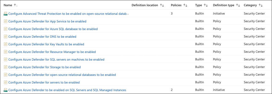 This is a screenshot showing all currently existing built-in policy definitions to enable Microsoft Defender for Cloud plans.