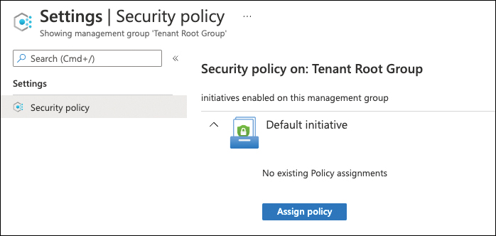 This is a screenshot showing the Security Policy settings page on a management group. The Azure Security Benchmark has not been assigned yet, so the Assign Policy button is shown.