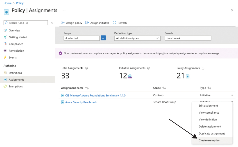 This screenshot shows all Azure Policy assignments for the Contoso subscription and how to start creating a new exemption for a particular assignment.