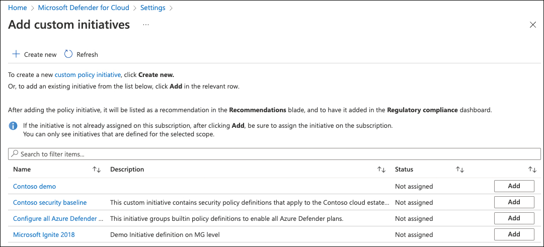 This screenshot shows the Add Custom Initiatives blade, where you can add custom policies to Defender for Cloud.