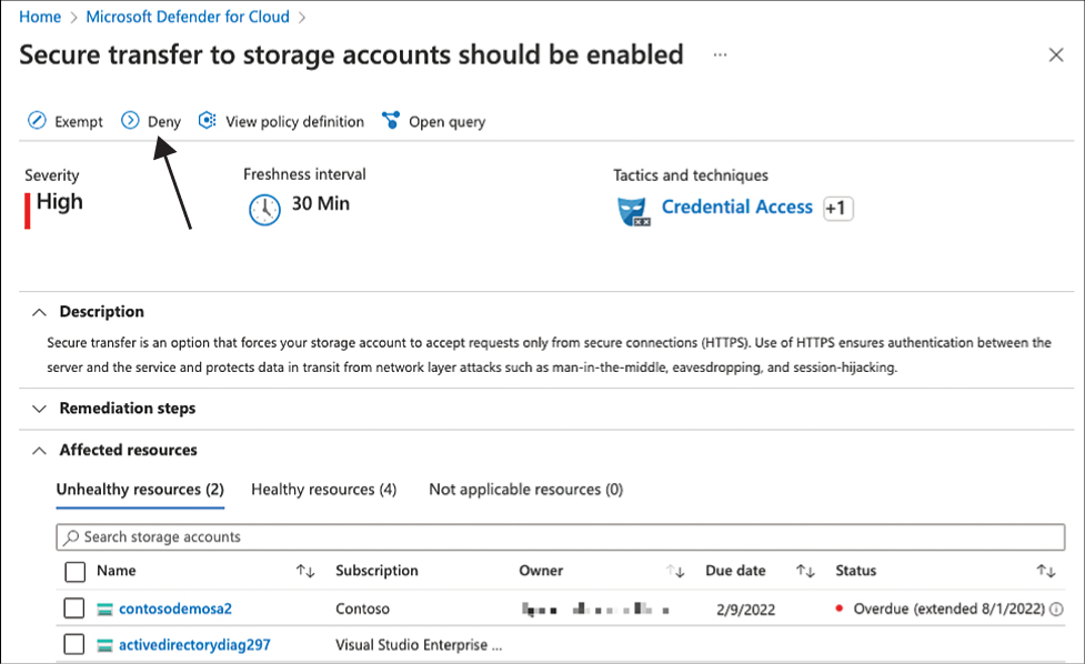 This is a screenshot of the Secure Transfer To Storage Accounts Should Be Enabled blade, where you can create a deny recommendation in Azure Security Center.