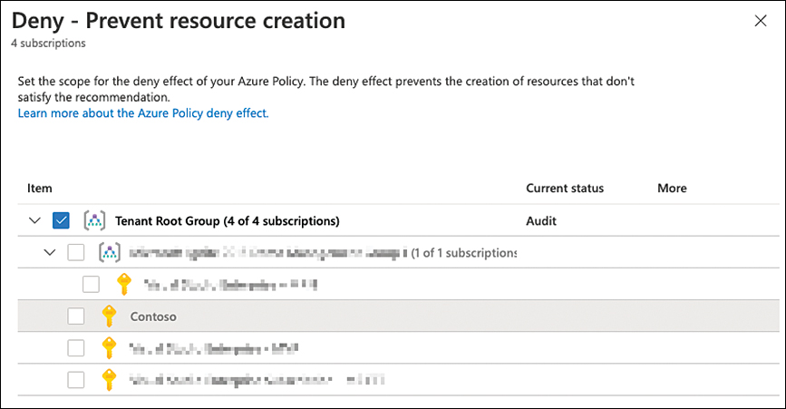 This screenshot shows the Deny - Prevent Resource Creation window, where you can enable a deny recommendation in Microsoft Defender for Cloud.