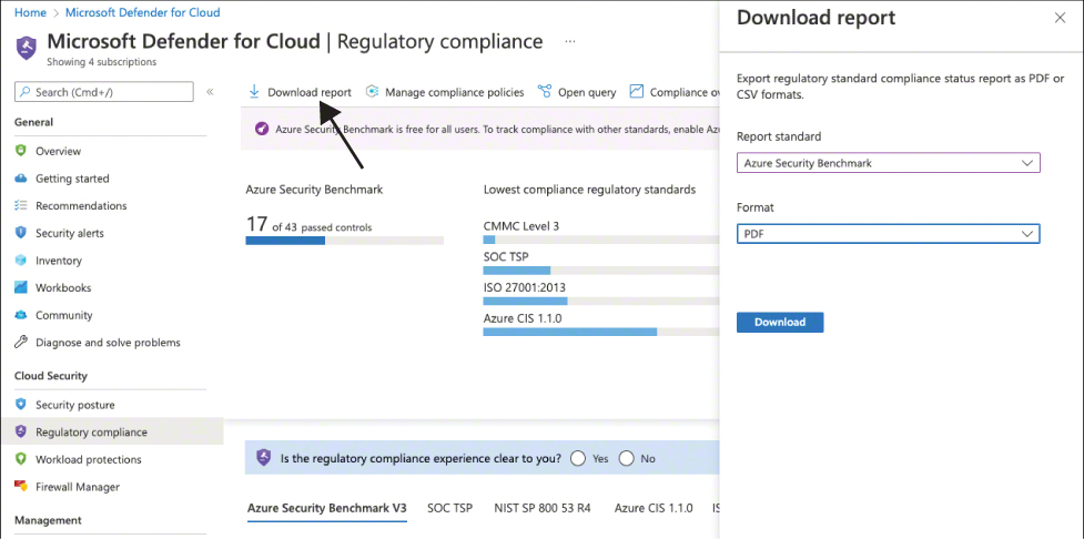 This screenshot shows the Regulatory Compliance dashboard and how to download a report for the PCI DSS 3.2.1 compliance standard.