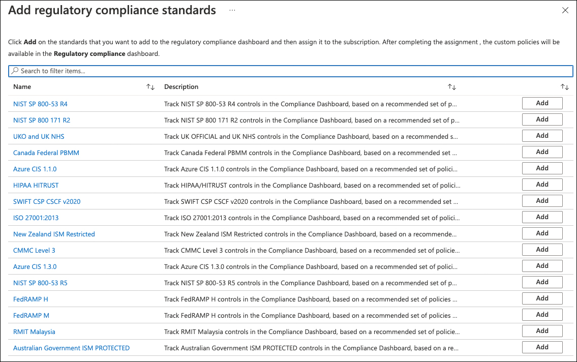 This screenshot shows all out-of-the-box compliance standards that can be added to Defender for Cloud.