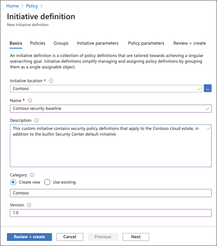 This screenshot shows the basic configuration when creating a new initiative definition, including Initiative location, name, description, category, and version.