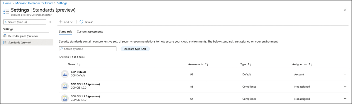 This screenshot shows GCP Default, GCP CIS 1.1.0, GCP CIS 1.2.0 standards that can be enabled on a GCP connector. GCP Default is assigned to the GCP connector, whereas the other two are not.