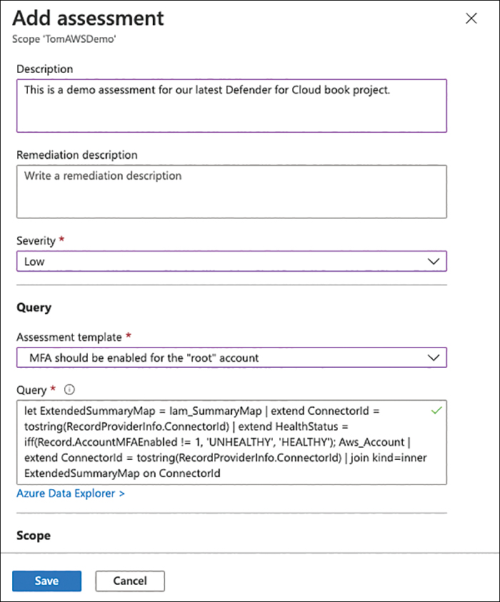 a screenshot showing the Add assessment screen. It shows description and remediation description fields, severity (low) and the KQL query based on an assessment template.