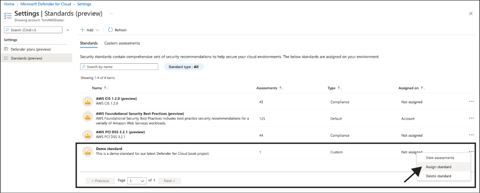 This screenshot shows the Standards view for an AWS connector. Besides the three built-in standards, ASW CIS 1.2.0, AWS Foundational Security Best Practices, and AWS PCI DSS 3.2.1, this view shows an additional standard called Demo Standard. An arrow marks the Assign Standard option in a dropdown menu.