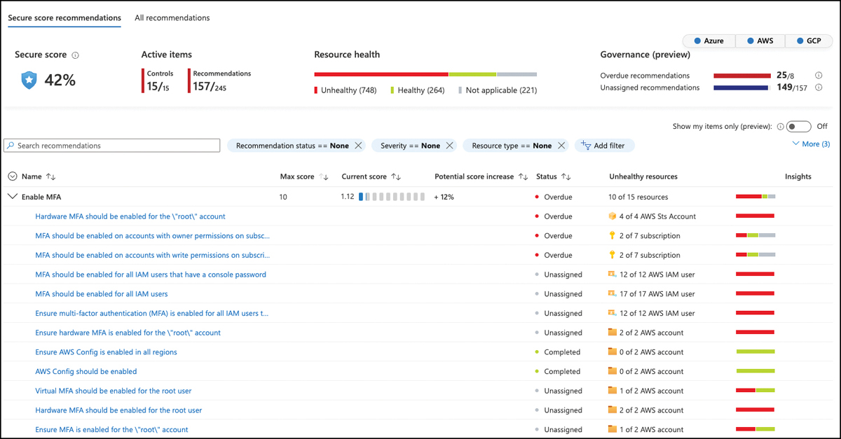 This screenshot shows the recommendations view in the main Defender for Cloud dashboard. This view displays an overall combined Secure Score of 31%, and several security controls that contain recommendations that directly impact the Secure Score.