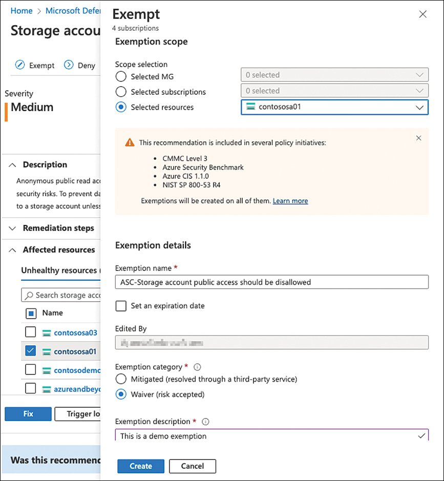 This screenshot shows the Exempt page including scope, name, category and expiration setting. This blade appears in the same window once you click Exempt button after selecting a resource to exempt..