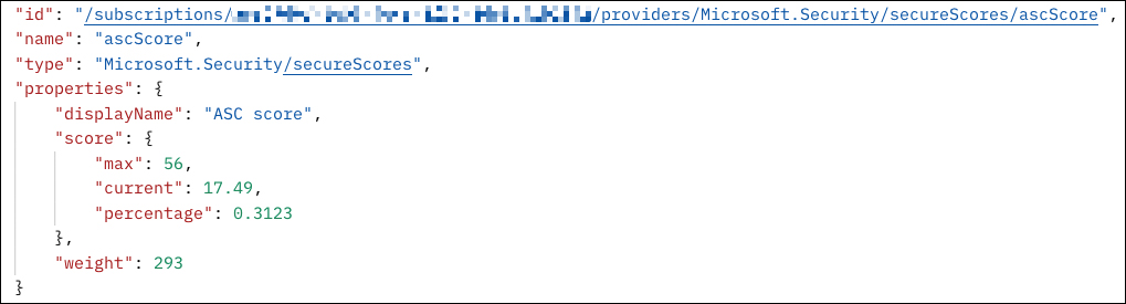 This is a screenshot of a JSON file showing the result when information is pulled from the SecureScores REST operations group in the Microsoft.Security API provider. The result contains the maximum points that can be achieved (56), the current point achieved (22.92), and the resulting current percentage (40.93%).