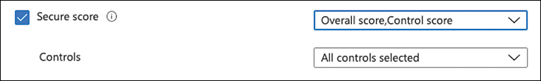 This screenshot shows Overall Score and Control Score as Secure score types to be exported. You can define whether you want to export the overall score or the score of the security controls, and if you select security controls, the score for the specific controls you want to export.