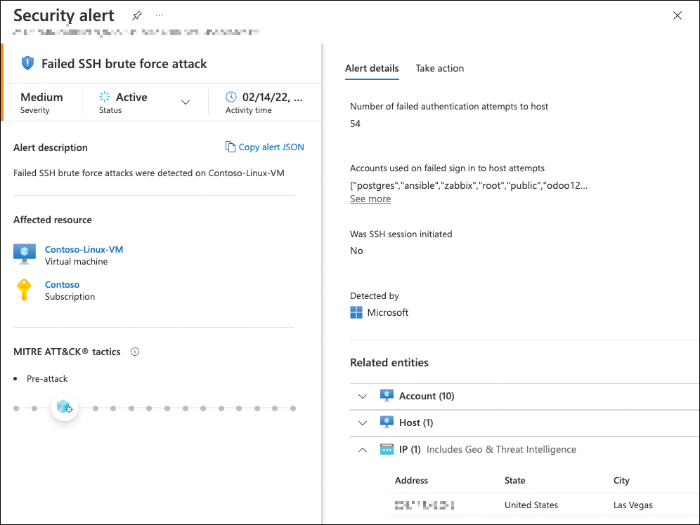 This screenshot shows a failed brute force attack alert in Microsoft Defender for Cloud. The alert shows the affected resource (Contoso-Linux-VM) and further alert details, such as the number of failed authentication attempts, geo and threat intelligence, and account names used in the attack.