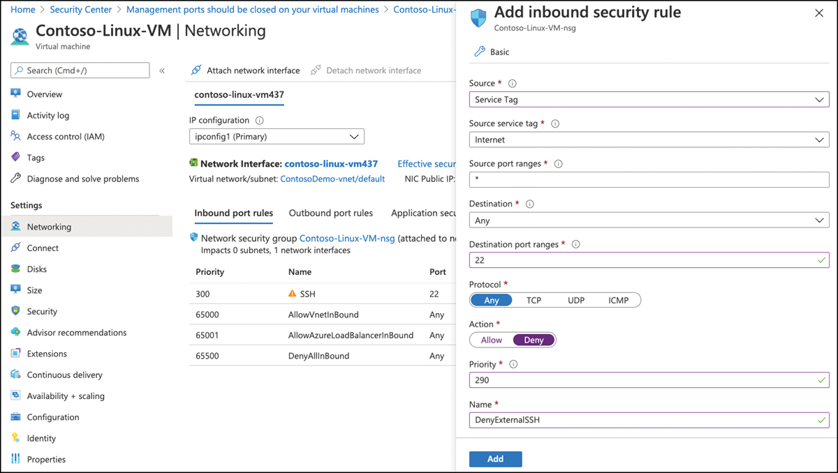 This screenshot shows the configuration of a new inbound NSG rule with configuration options for Source, Destination, Source Service Tag (set to Internet), Source Port Range, Destination Port Range, Protocol, Action (set to Deny), Priority, and Name.