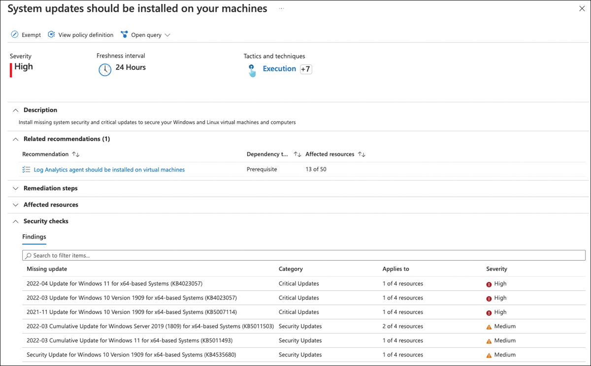 This screenshot shows the System Updates Should Be Installed On Your Machines blade. Six missing system updates are identified on several machines in the Findings section at the bottom. Also, Related Recommendations are shown, as well as the Description, Remediation Steps, and Affected Resources.