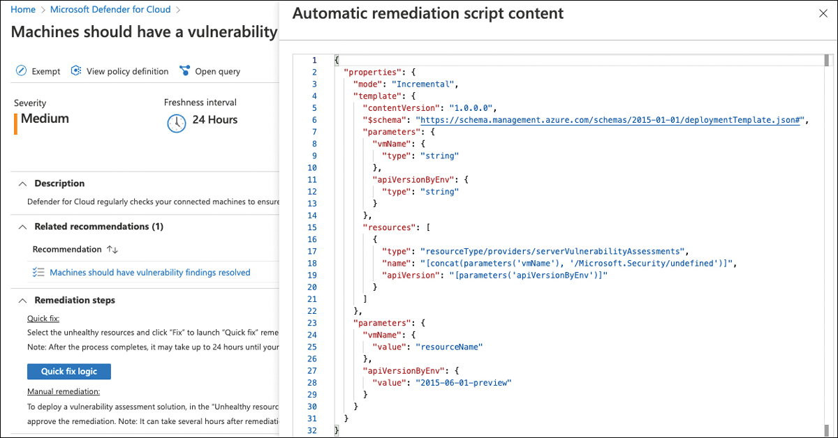 This screenshot shows the automatic remediation script content in the Machines should have a vulnerability assessment solution recommendation. The logic contains an ARM template that will deploy the Qualys VA extension to or enable TVM on the VM to be remediated.