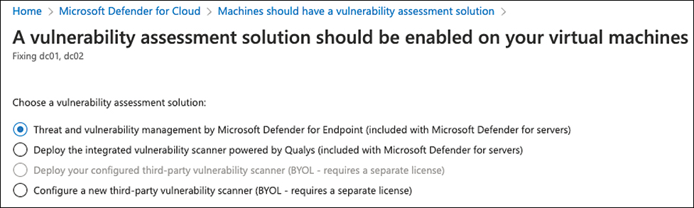 This screenshot shows the options to deploy a Vulnerability Assessment (VA) solution to your machines. Option 1: Enable TVM. Option 2: Deploy The Integrated Qualys VA Solution. Option 3: Deploy An Existing Third-Party VA Scanner. Option 4: Deploy A New Third-Party VA Scanner.