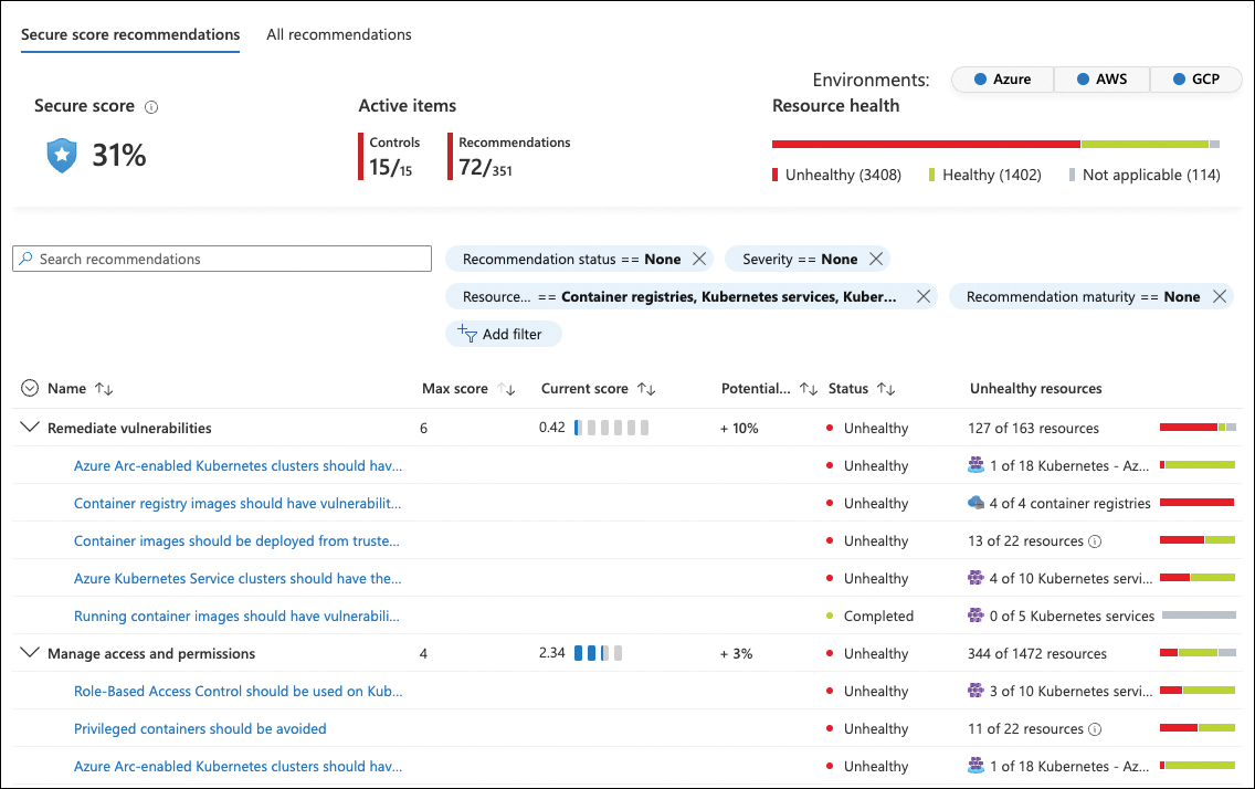 This screenshot shows container-based recommendations that are shown when filtering for container resources as resource types in the recommendations filter. 