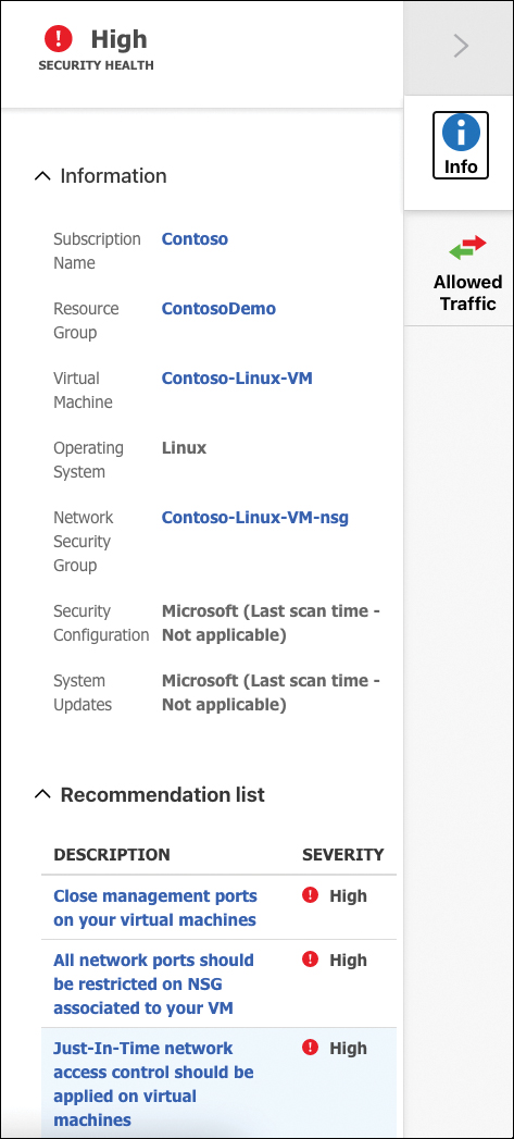 This screenshot shows details about a virtual machine in the Network Map, including a list of open network recommendations to be addressed. These high severity recommendations are “close management ports on your virtual machines”, “all network ports should be restricted on NSG associated to your VM”, and “Just-In-Time network access control should be applied on virtual machine”.