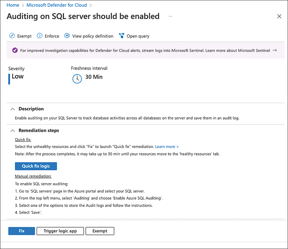 This screenshot shows the Auditing On SQL Server Should Be Enabled blade, including recommendation Severity (High), Freshness Interval (30 minutes), Description, and Remediation Steps.