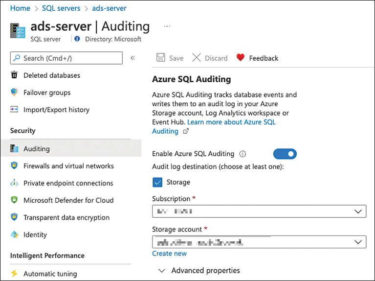 This screenshot shows the Azure SQL Auditing page. To enable auditing, switch the Enable Azure SQL Auditing toggle to On and click the Save button. This blade is not part of ASC; instead, it is part of the SQL server resource. If auditing is enabled, you can choose the Audit Log Destination (Storage, Log Analytics, or Event Hub). Also, you can enable auditing of Microsoft support operations by switching the respective toggle to On.