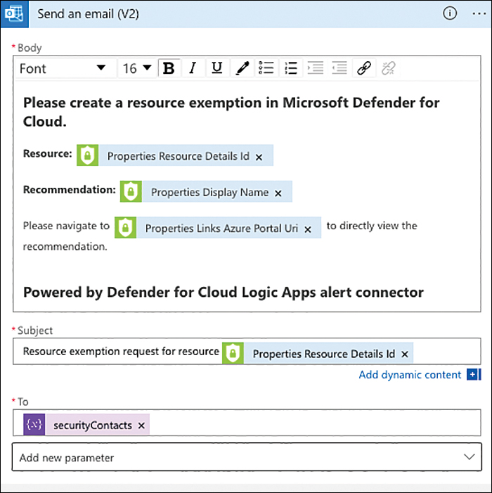 This is a screenshot from the Logic App Designer showing an email body that contains dynamic values from the ASC trigger, including Resource and Recommendation details, and a deep link to the ASC assessment.