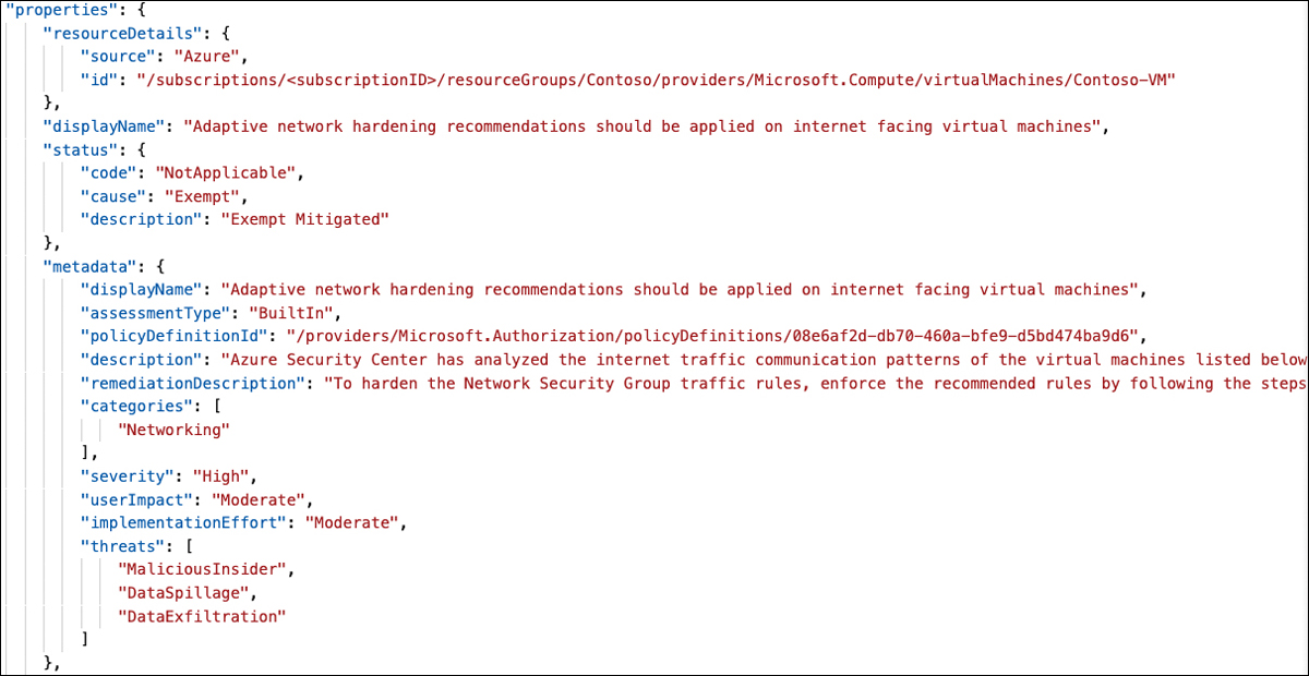 A sample JSON that shows properties Defender for Cloud sends to the Logic App trigger after a resource exemption has been created. The status field contains information about the status code (NotApplicable), the cause (Exempt), and the description (Exempt Mitigated) that indicate an exemption has been created for this resource and recommendation.