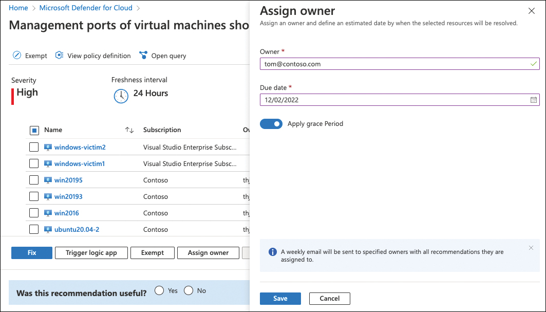 This screenshot shows the options when assigning an owner to remediate a particular resource. You can add the Owner's email address, a due date, and apply the grace period capability.