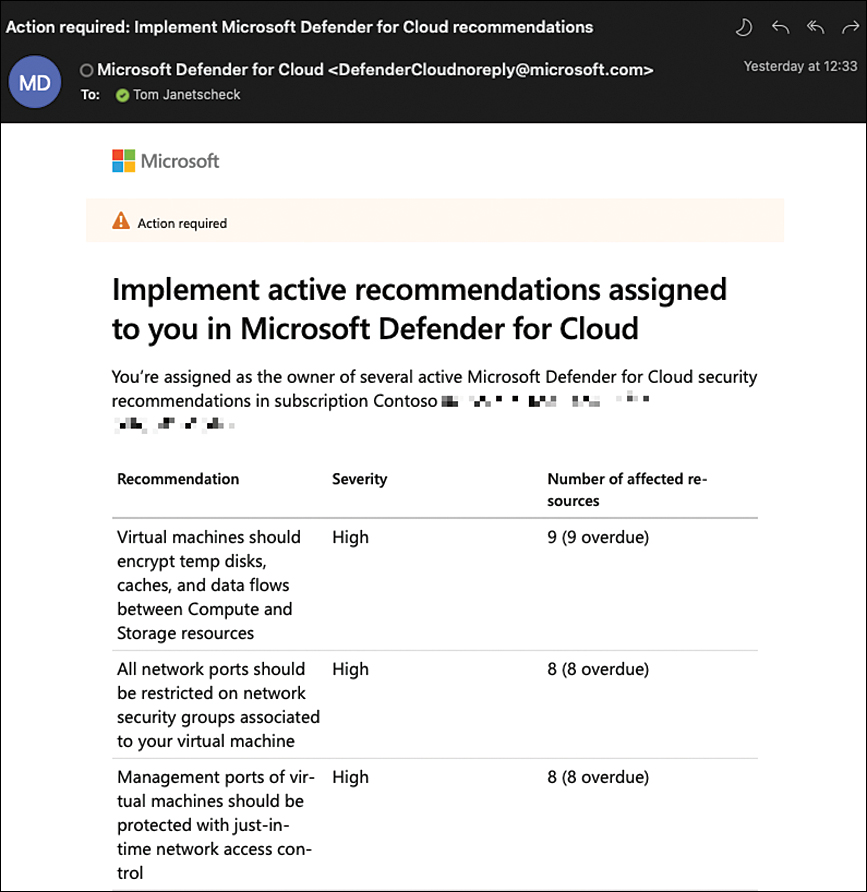 This screenshot shows an email that has been sent automatically by Defender for Cloud. It informs the owner about a subscription named Contoso.