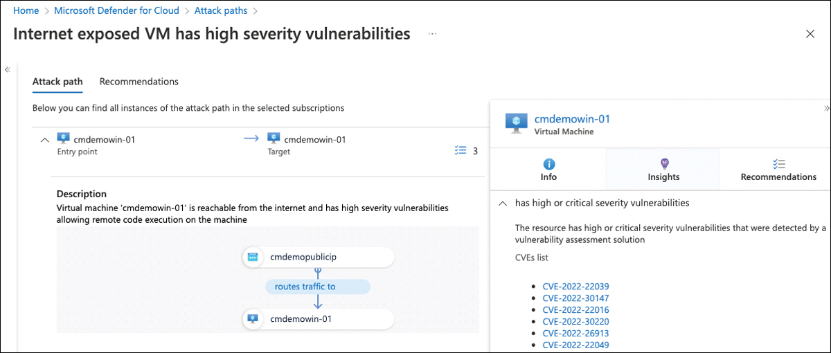 This is a screenshot showing attack path insights for a virtual machine called cmdemowin-01. Insights contain a list of CVE IDs that mark high or critical-severity vulnerabilities detected on this machine.