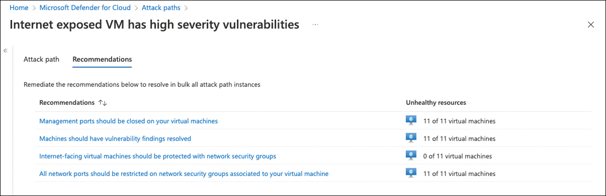 This is a screenshot showing recommendations for all 11 virtual machines affected by the Internet-exposed VM with a high-severity vulnerabilities attack path.