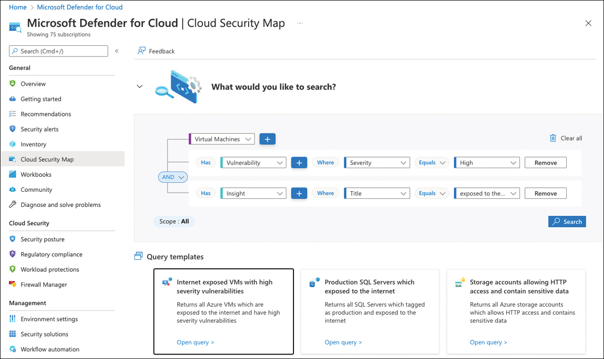 A screenshot showing the Cloud Security Map feature in Defender for Cloud portal. It shows the query template that is used to create the Internet exposed VMs with high severity vulnerabilities attack path.