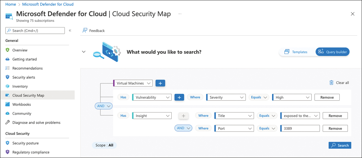 This is a screenshot showing the Cloud Security Map feature in the Defender for Cloud portal. It shows the query template that is used to create the Internet Exposed Vms With High Severity Vulnerabilities attack path. Also, it shows a second insight filter for Port = 3389.