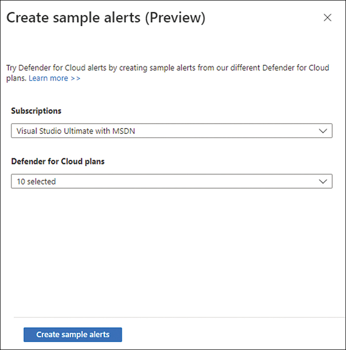 This is a screenshot of the Create Sample Alerts blade with the option to select the Subscriptions and the Defender For Cloud Plans.