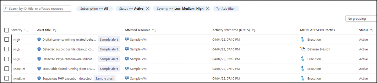 This is a screenshot of the Security Alerts dashboard with the six sample alerts for VMs. Each alert includes a Sample Alert banner and is organized using the following column headers: Severity, Alert Title, Affected Resource, Activity Start Time, MITRE ATT&CK Tactics, and Status.